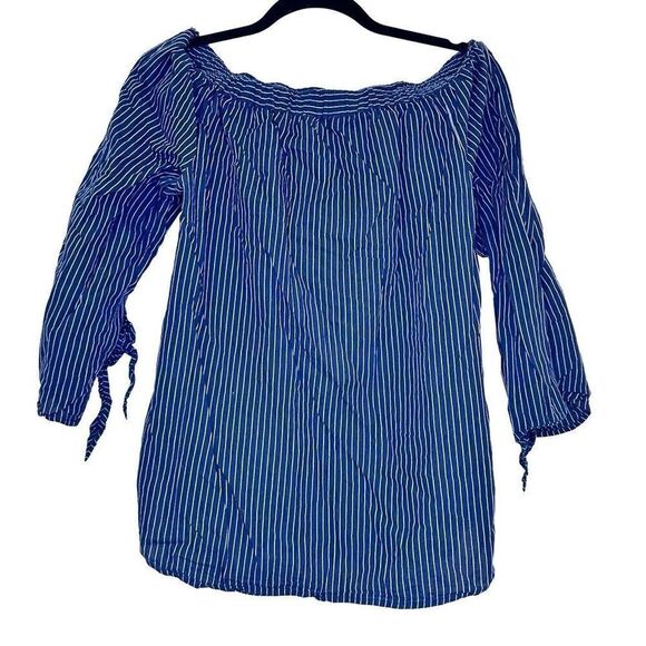 BeachLunchLounge Striped 3/4 Tie Sleeve Off The Shoulder Blouse Top Blue Medium - Picture 2 of 4